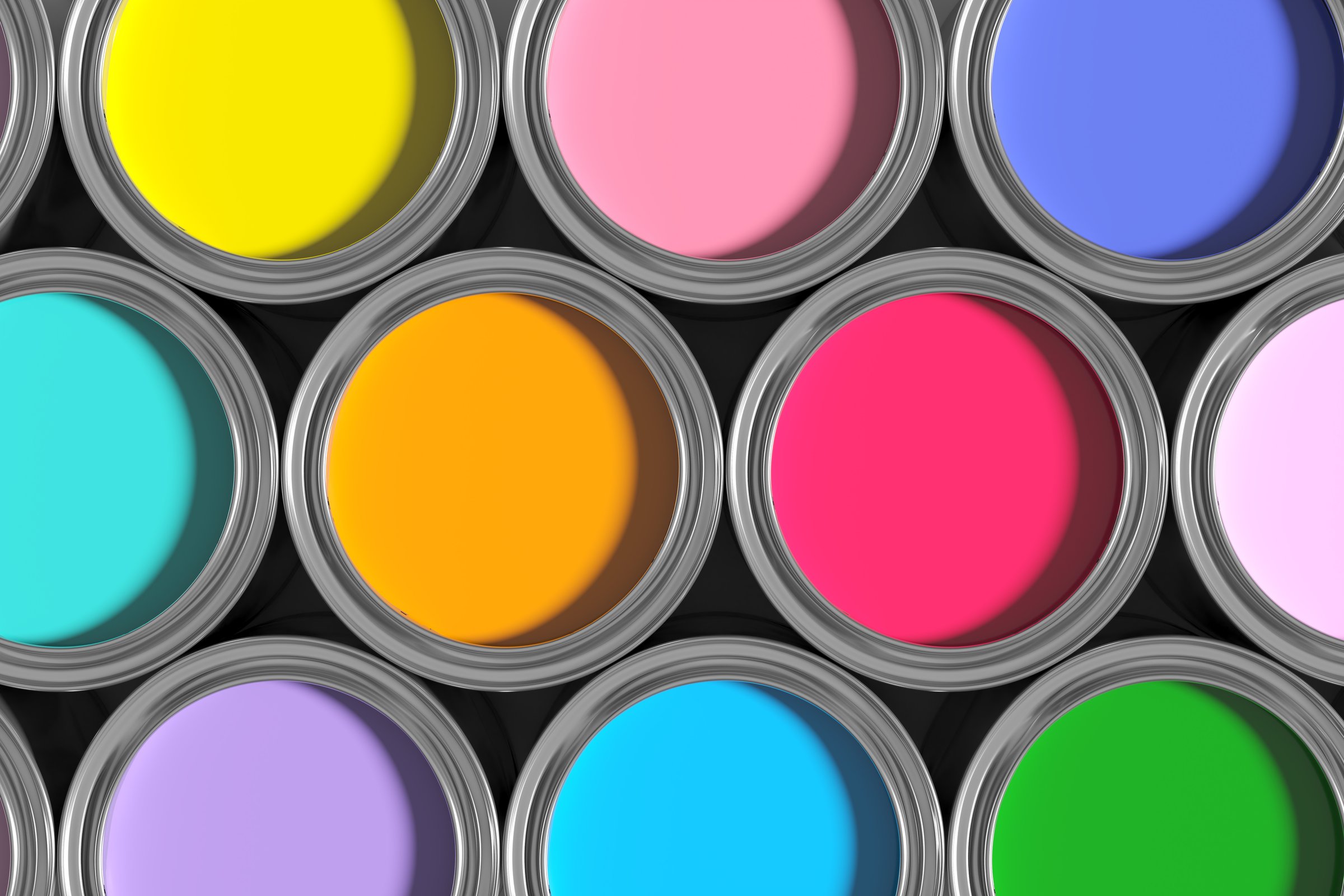 Metal cans filled with brightly colored paint create a cheerful and inspiring palette, perfect for home decorating or artistic projects. 3D render