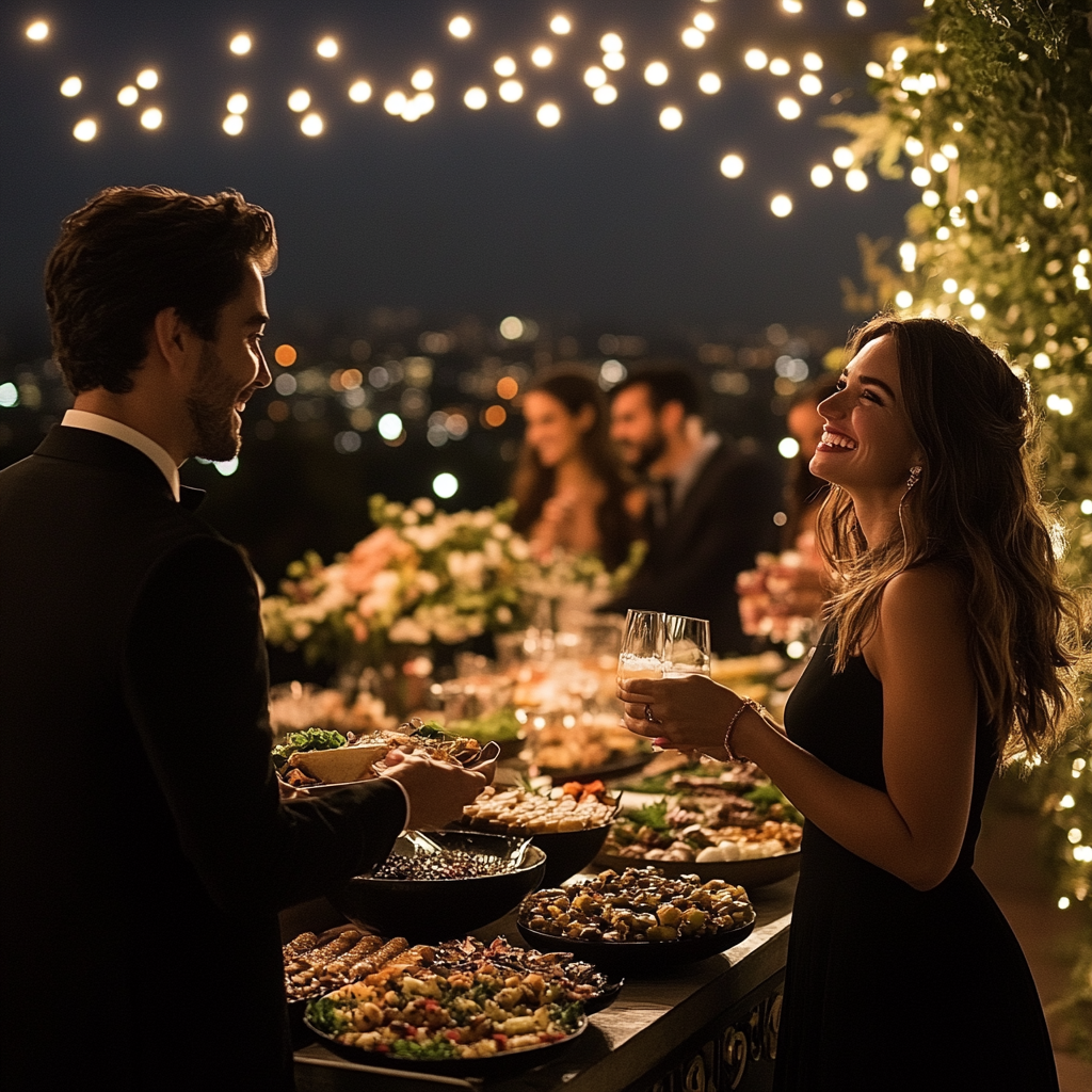 Elegantly dressed people enjoying a nighttime outdoor party with string lights and a buffet table.