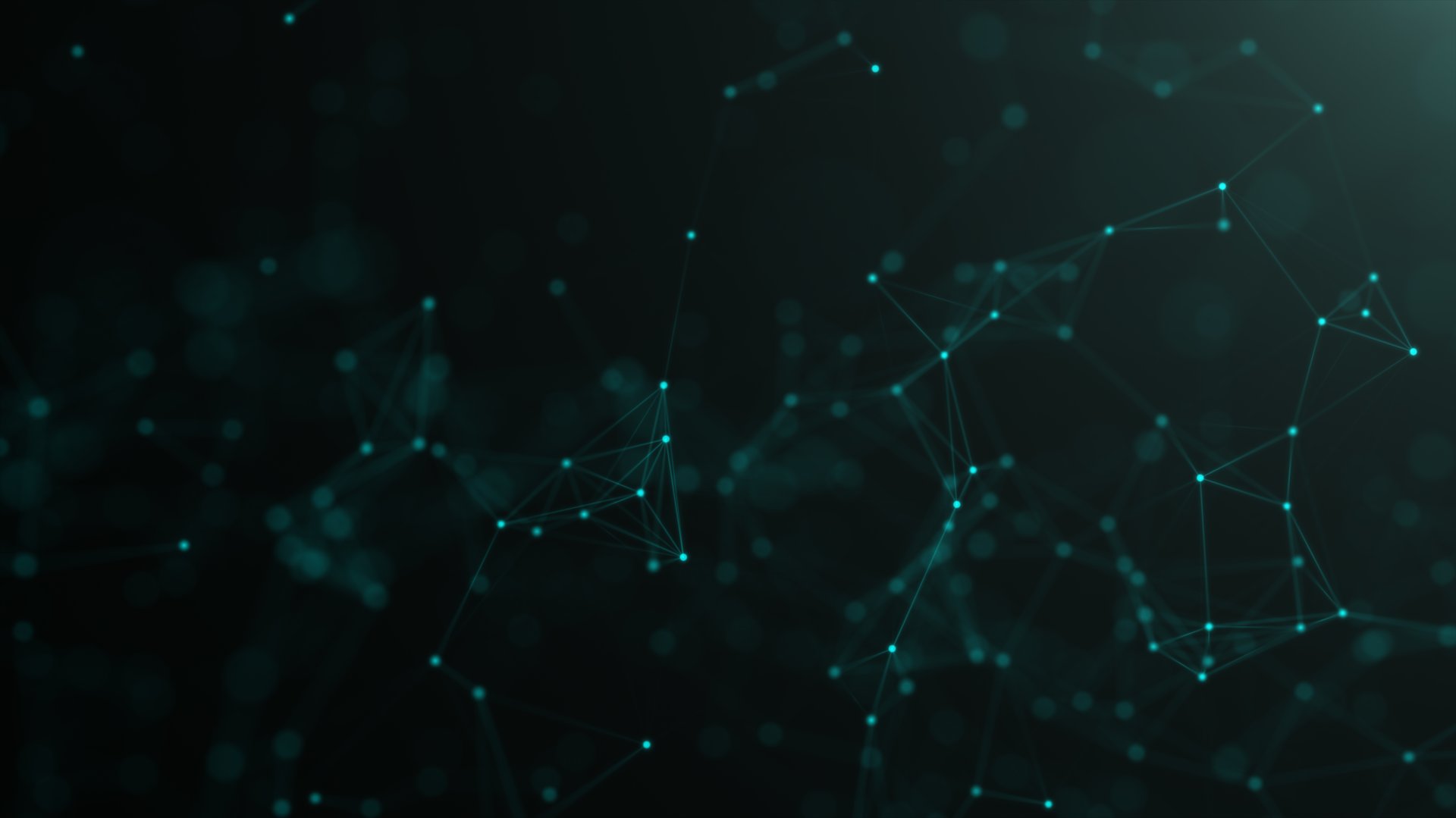 Abstract network connections, neural networks. Dots connected by lines move chaotically on a turquoise background. Chemical formula, futuristic mesh, sea green color. Neon green cyber web.