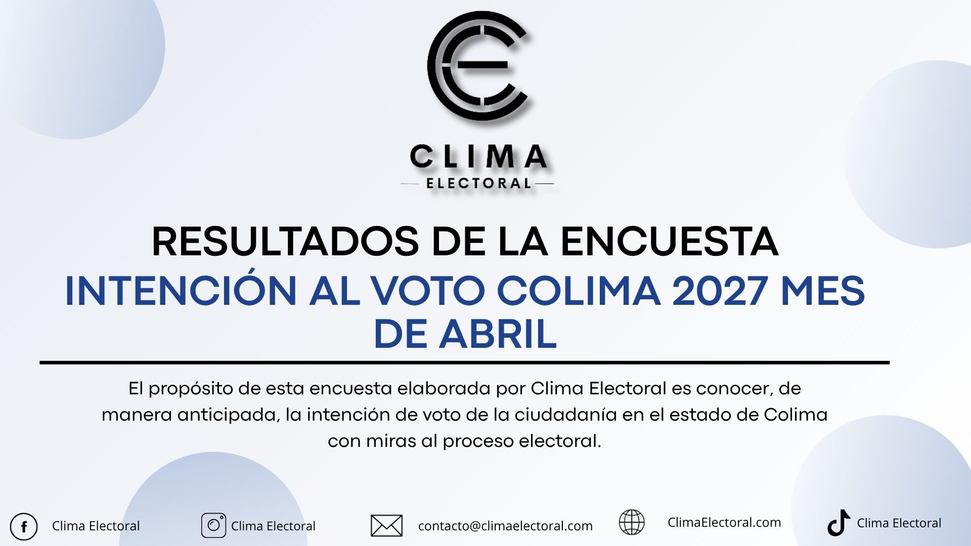 Survey results announcement for Colima 2027 elections by Clima Electoral, April, with logos and contact info at the bottom.