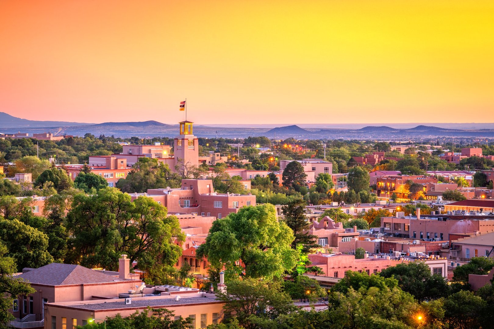 Santa Fe, New Mexico downtown skyline at dusk