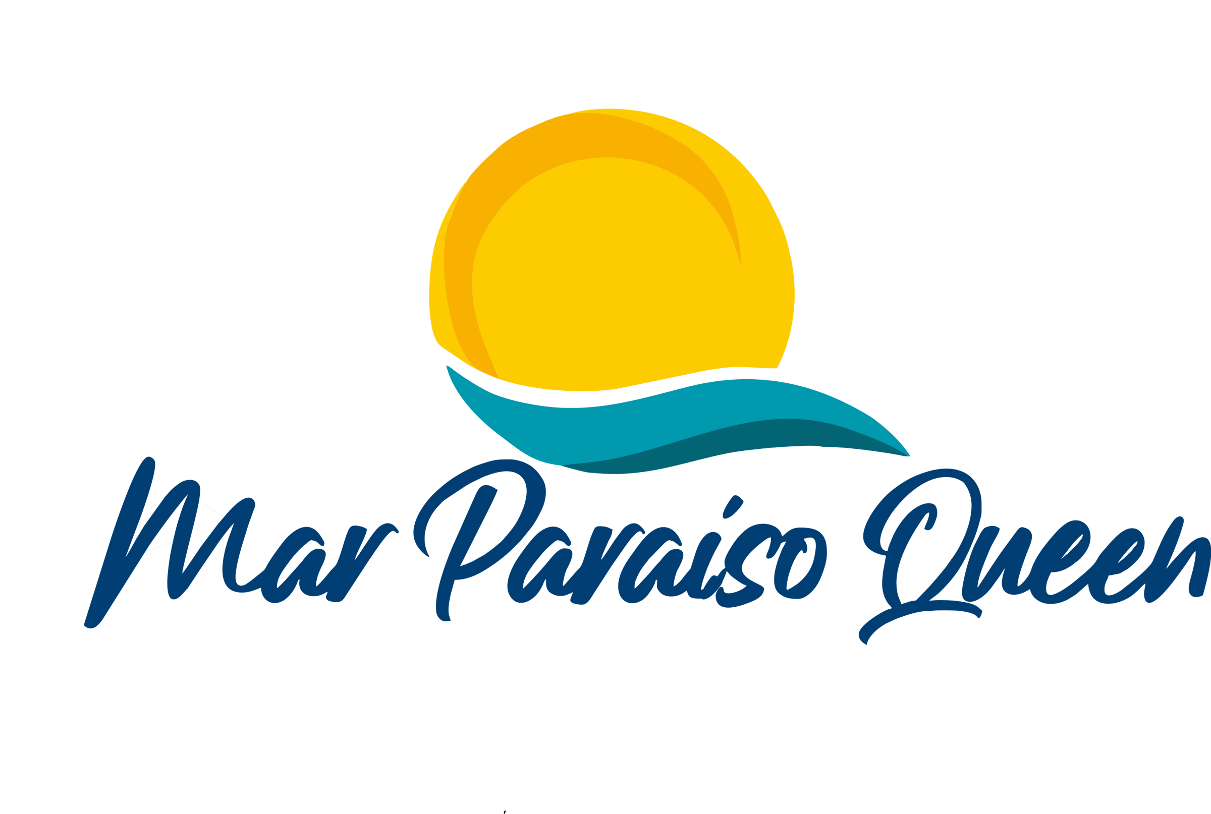 Logo with a yellow sun and blue wave above the text "Mar Paraiso Queen" in cursive script.
