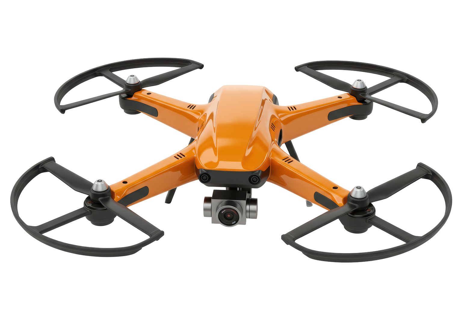 Isolated Bright Orange Quadcopter Drone with Mounted Camera