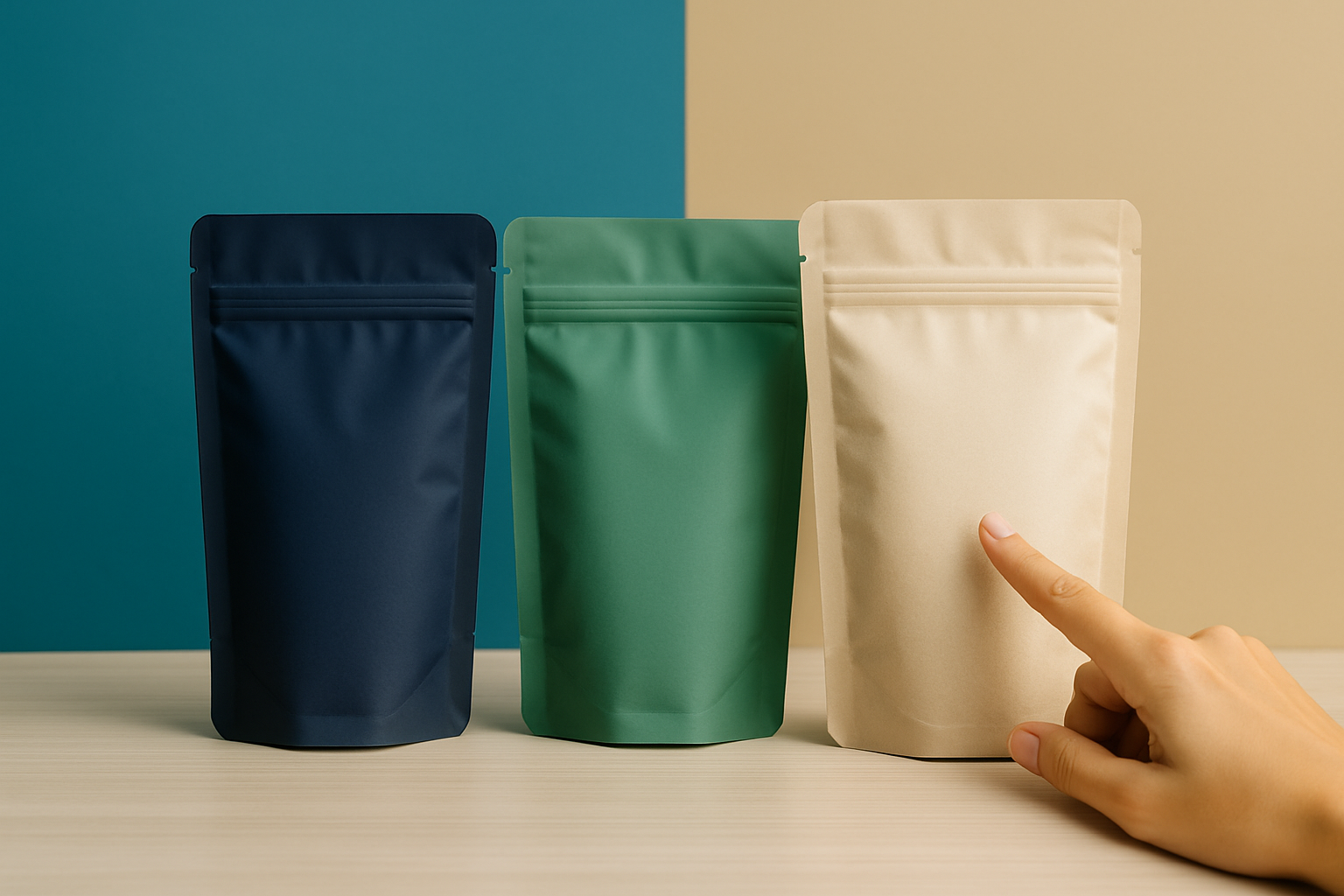 Three standing pouches in navy, green, and beige on a table with a hand pointing to the beige pouch.