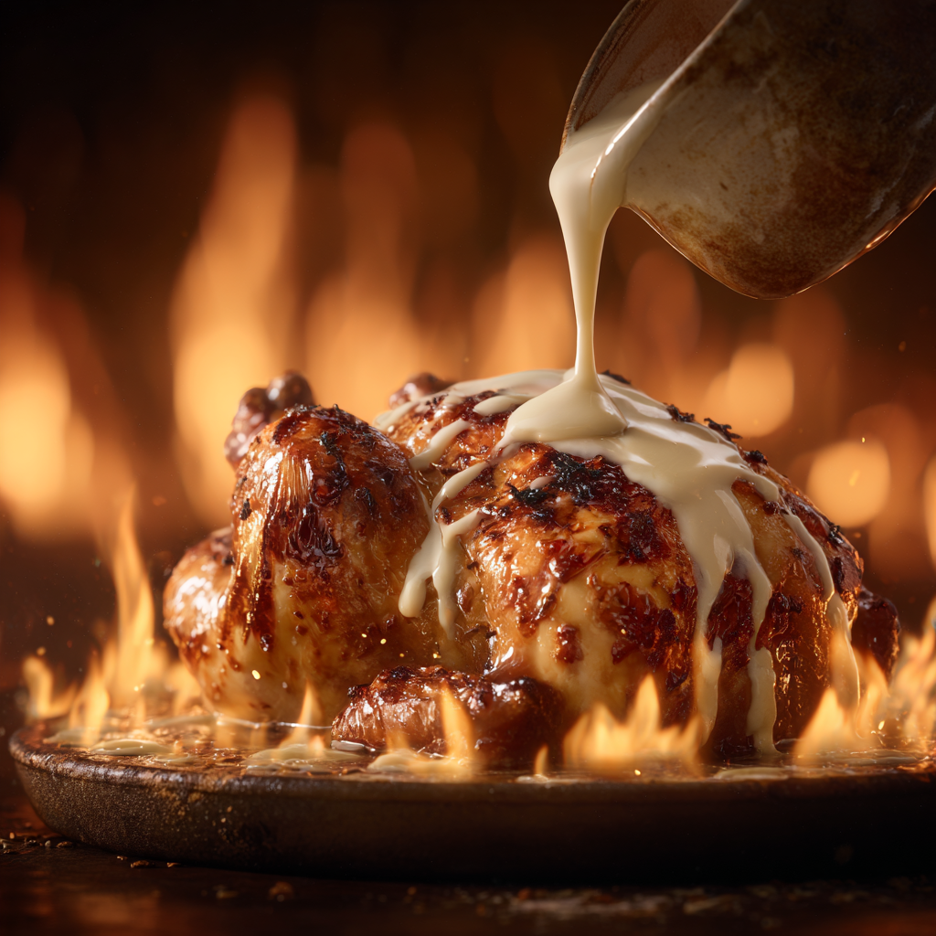 Cinematic roasted chicken glossy glaze surrounded