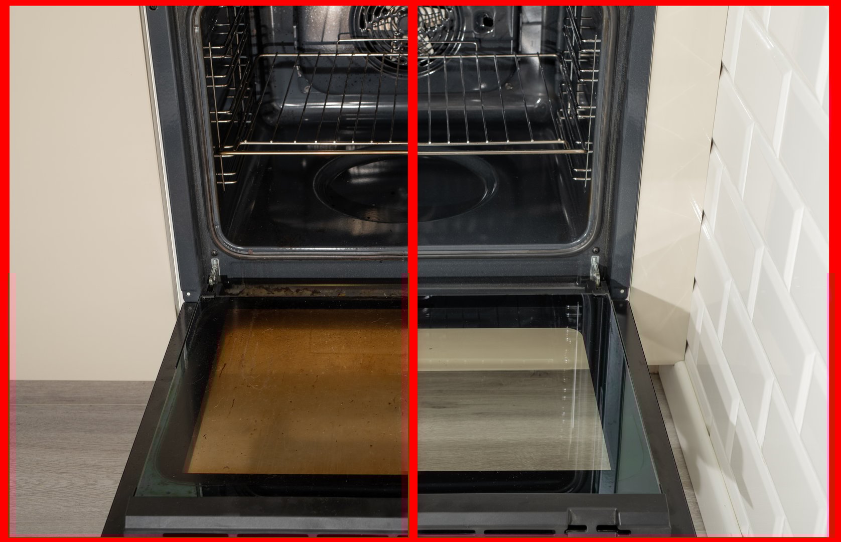 The oven inside the house before and after cleaning with a liquid that removes grease and burns.