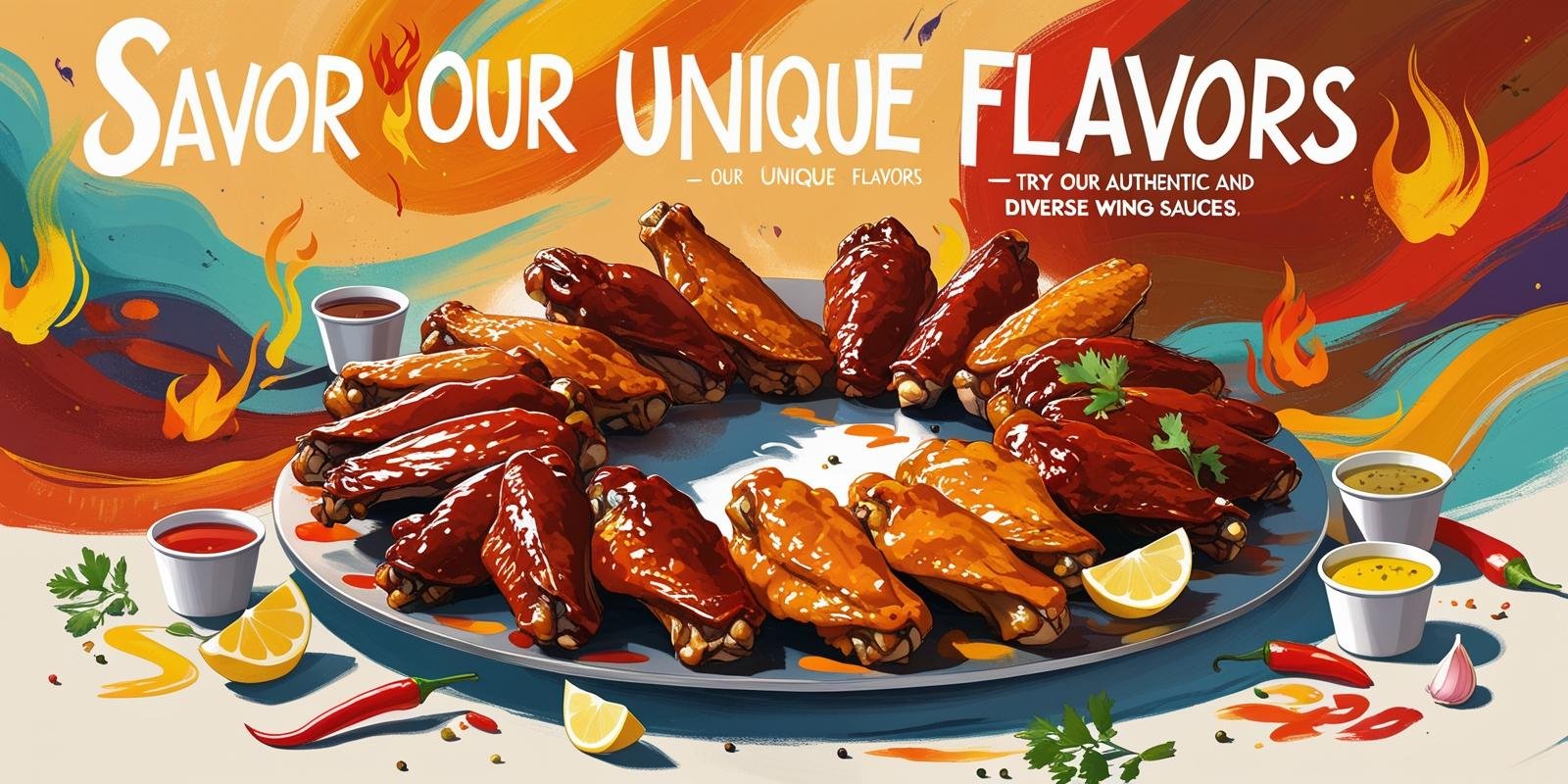 A circular platter of saucy chicken wings with various dips, surrounded by vibrant colors and text promoting unique flavors.