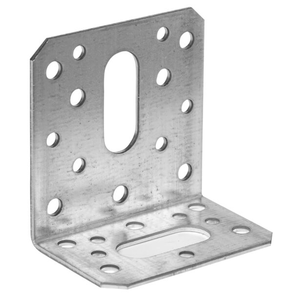 Metal angle bracket with multiple holes and an oval slot for mounting. Used in construction or furniture assembly.