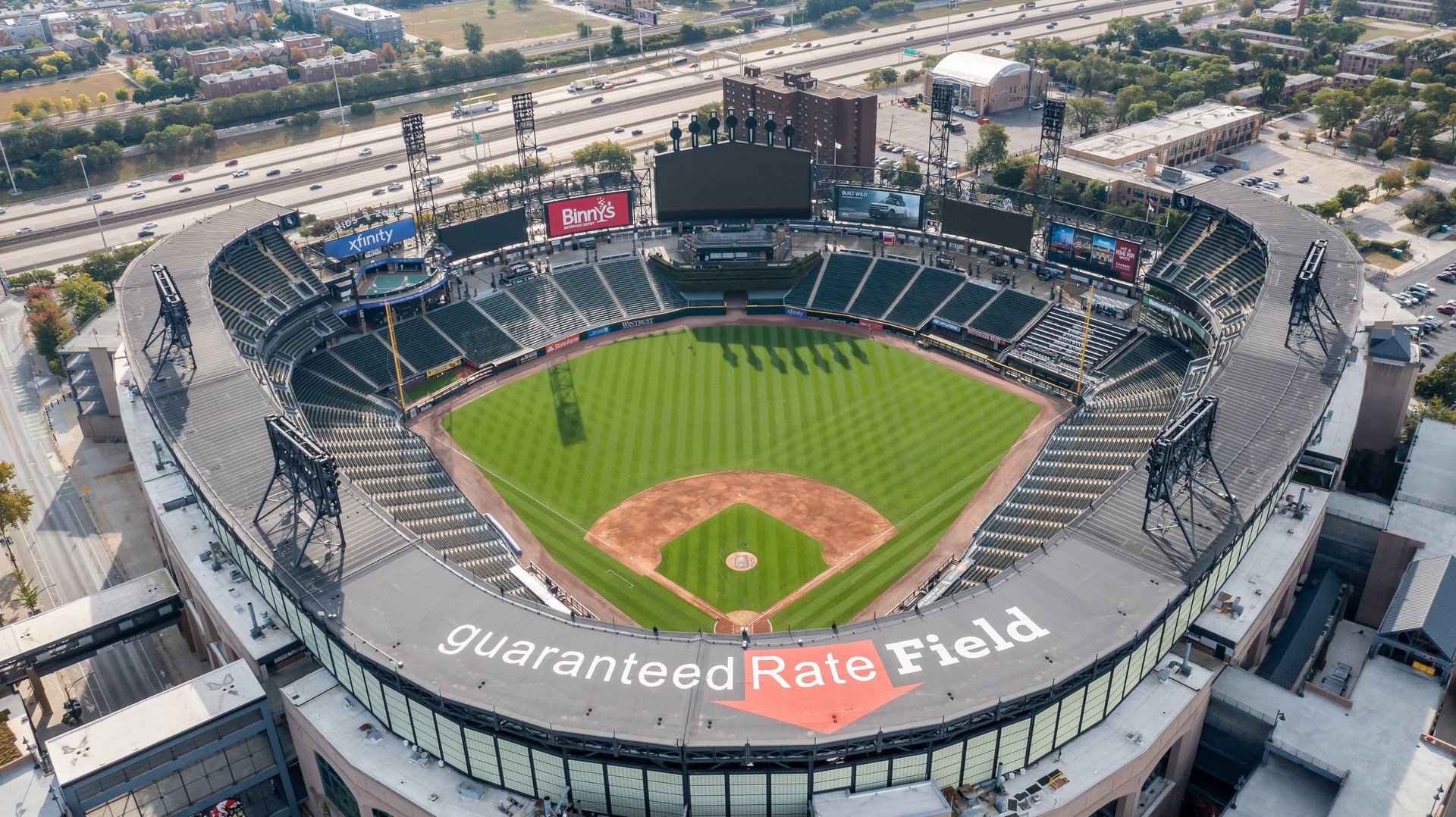 Chicago, IL, USA - August 13, 2024: An aerial view of the MLB's Chicago White Sox's Guaranteed Rate Field. The baseball stadium has had many name changes over the years but is best known for Comisky.