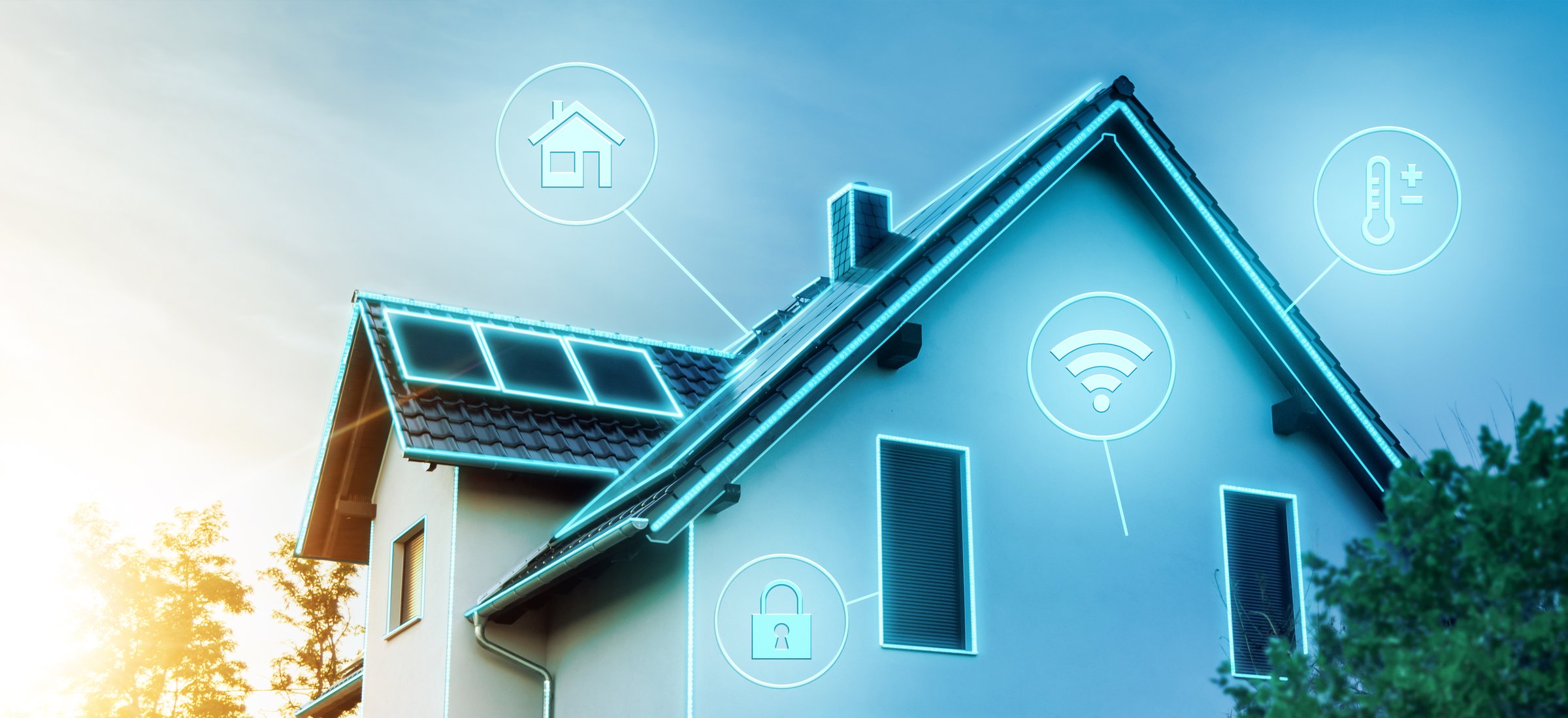 A modern smart home with glowing technology icons representing connectivity, security, energy efficiency, and automation.