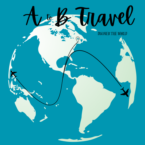 Illustrated globe with flight paths and planes. Text: A to B Travel and Discover the World on turquoise background.