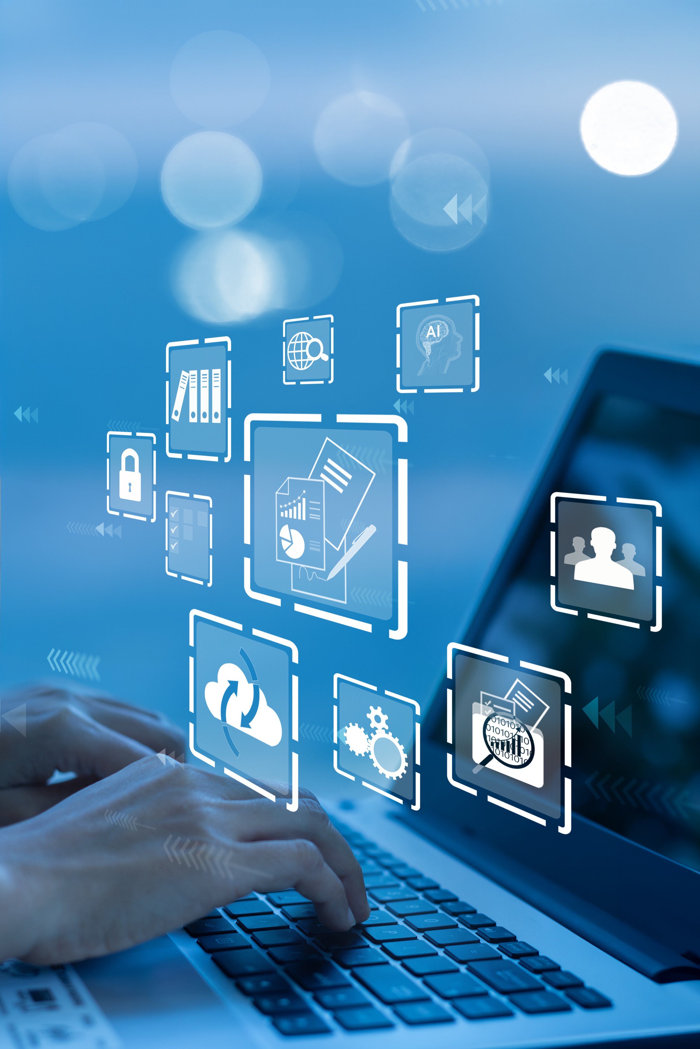 Businesswoman using a computer to document management concept, online documentation database and digital file storage system/software, records keeping, database technology, file access, doc sharing.