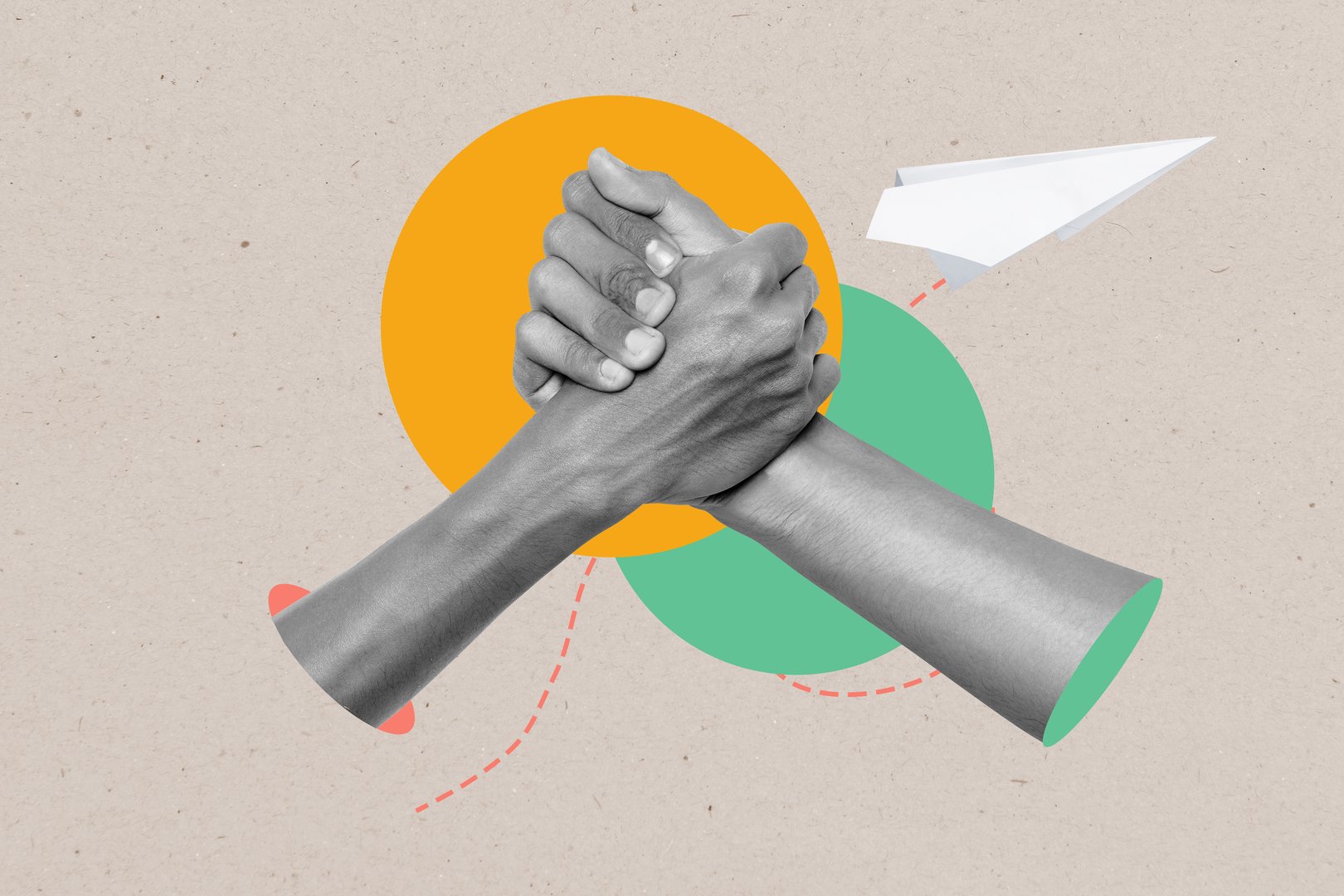 Two human hands with shaking hands gesture on a colored background. Concept of teamwork. Collage art
