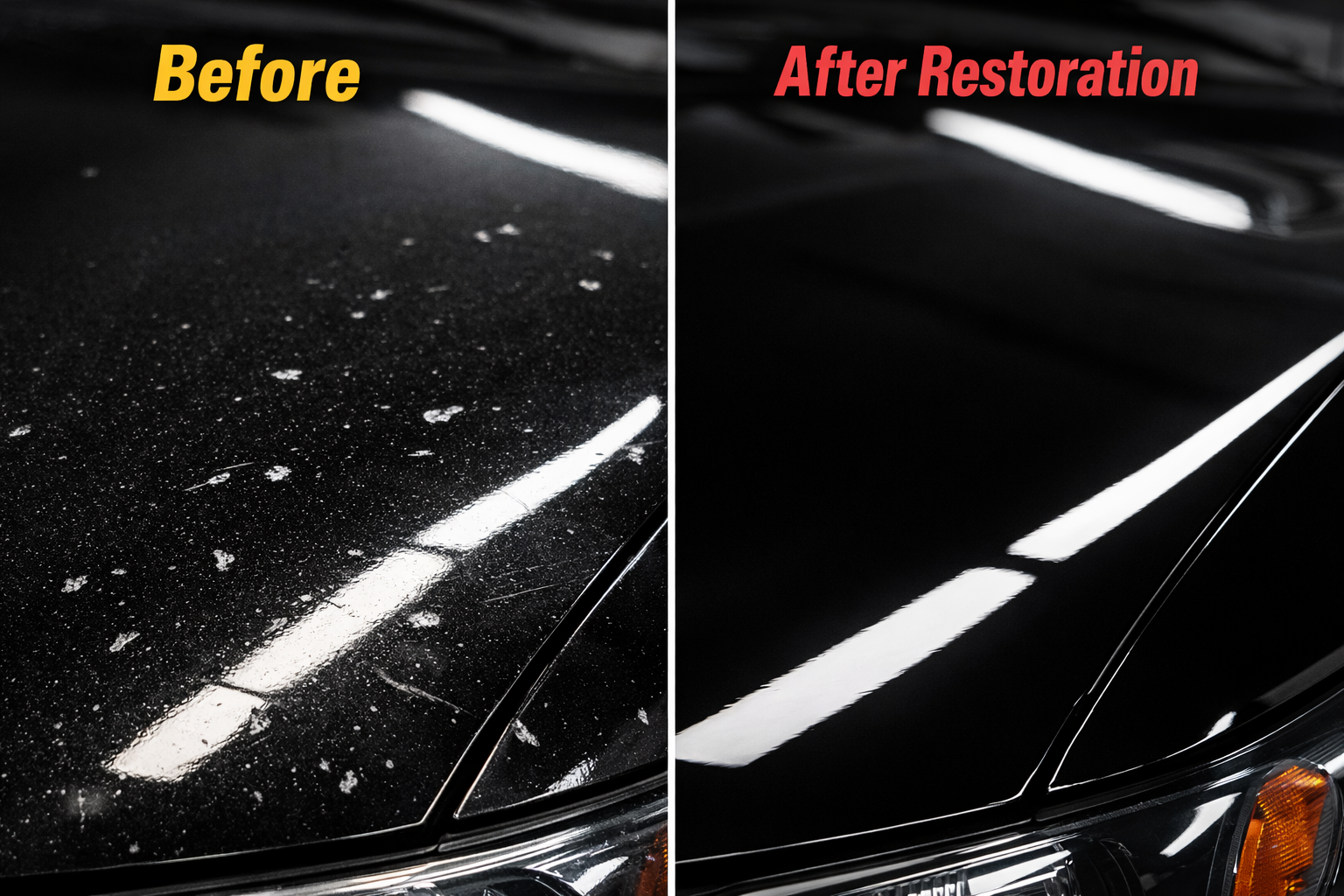 Rock chip damage on car hood showing white specs of bare metal exposure