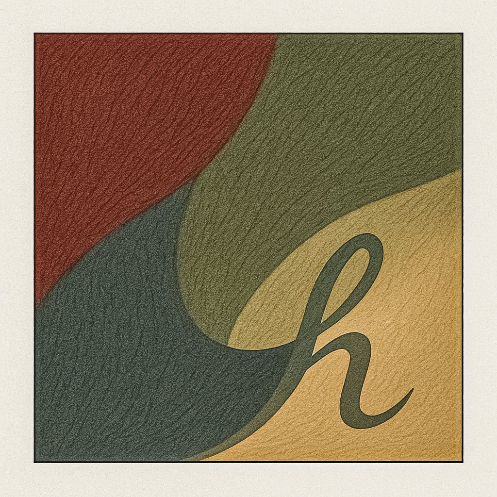 Abstract art with swirling earth tones and a cursive lowercase letter h. Colors include red, green, and beige.