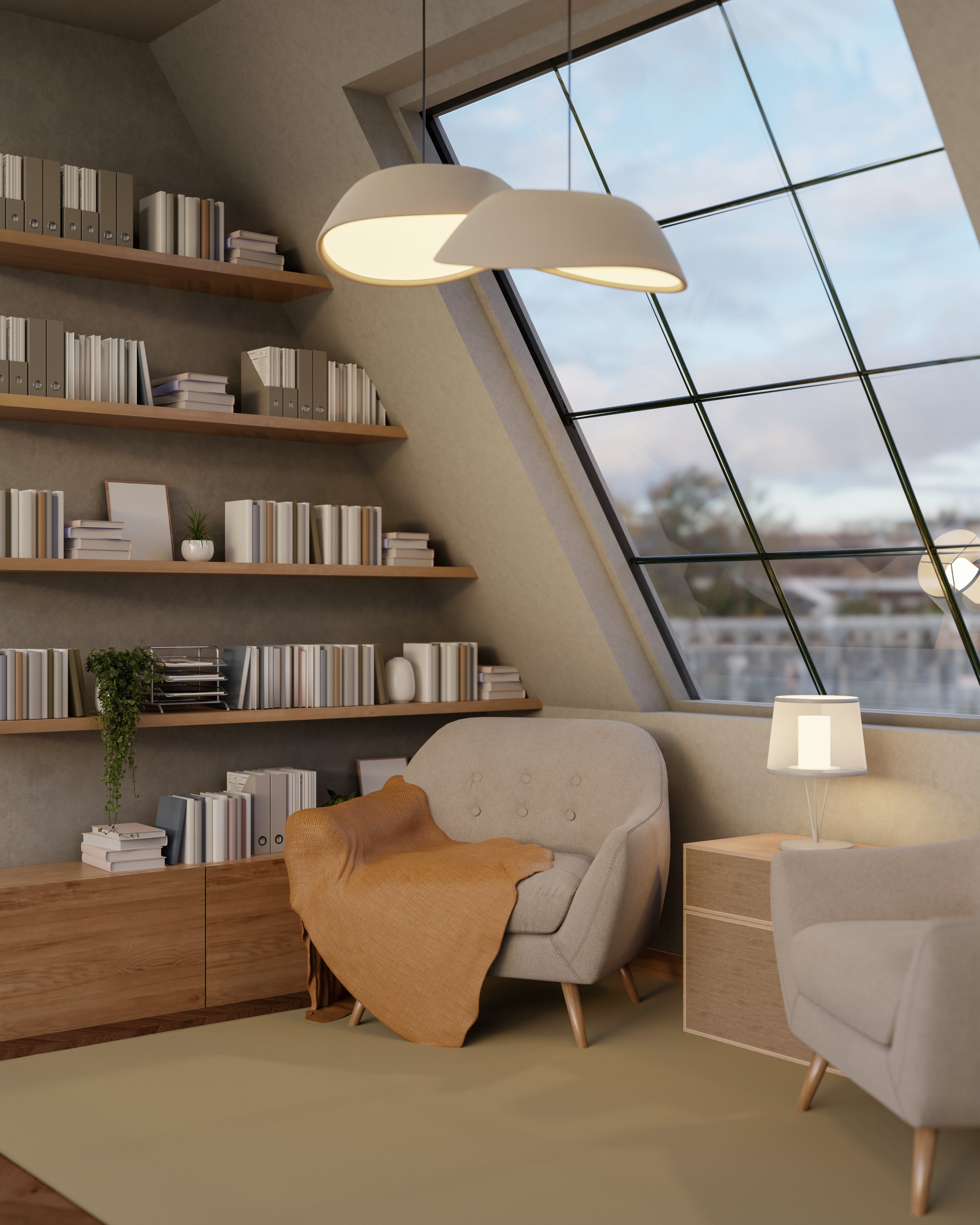 The interior design of a cosy contemporary relaxation area in an apartment features armchairs by the window, a large bookshelf, and sleek decor, illuminated by lamps. 3d render, 3d illustration