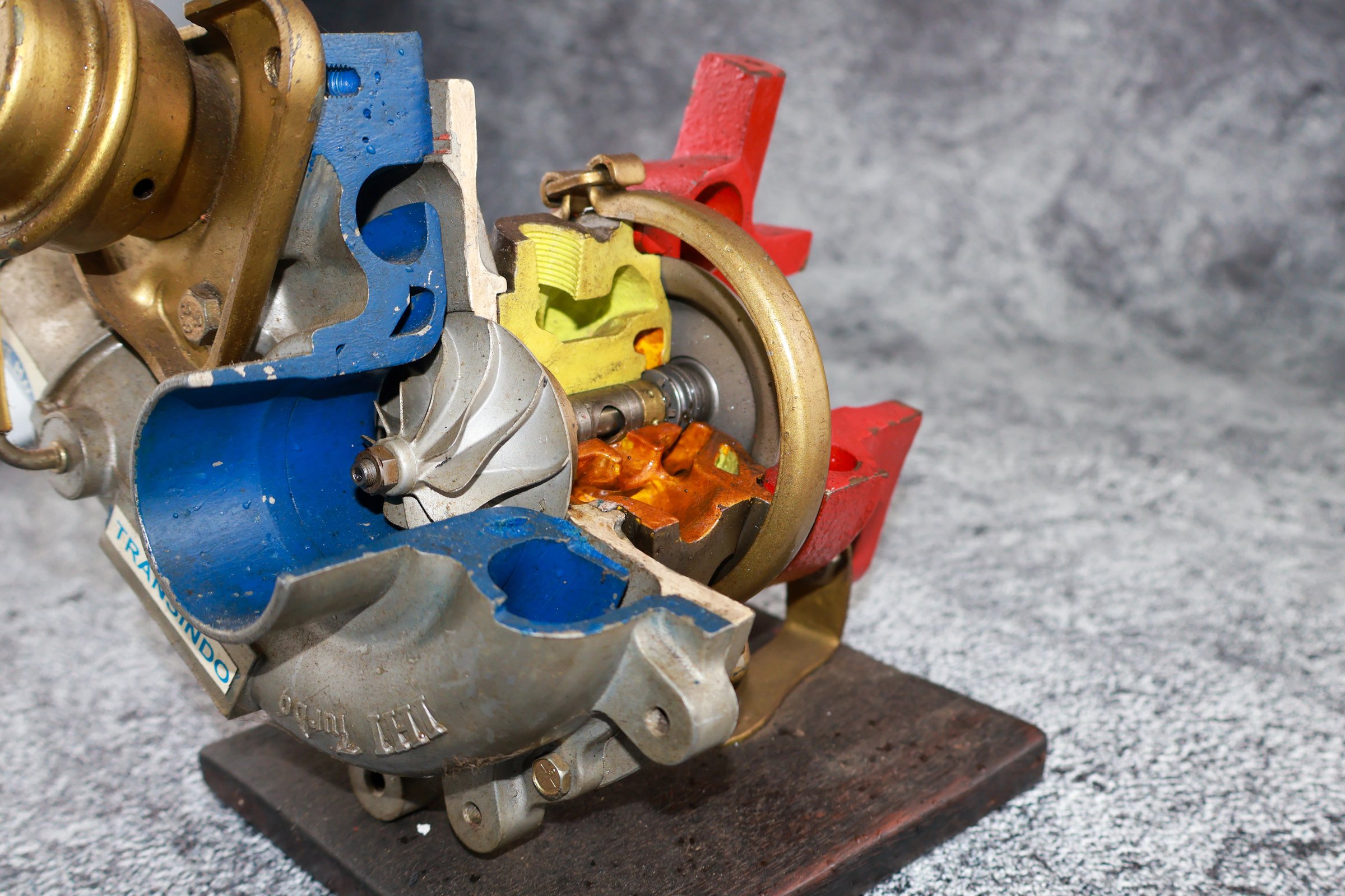 Turbocharger Cut-away and showing the inside part. isolated on  background. Anatomy turbocharger.