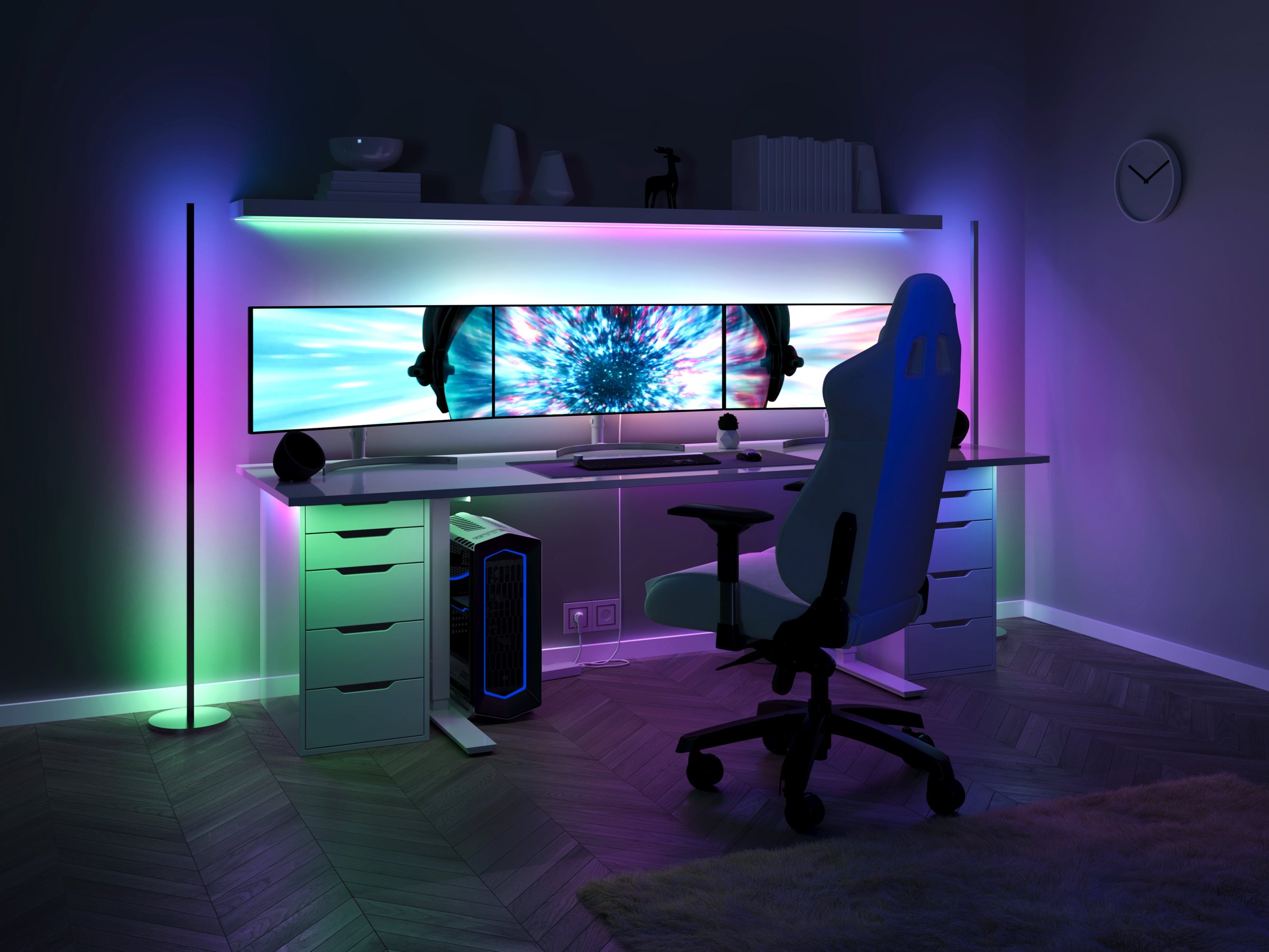 This image showcases a modern gaming room with gradient LED lighting enhancing the immersive atmosphere. The setup features a multi-monitor display and ergonomic chair, creating a futuristic and dynamic gaming environment. 3D render