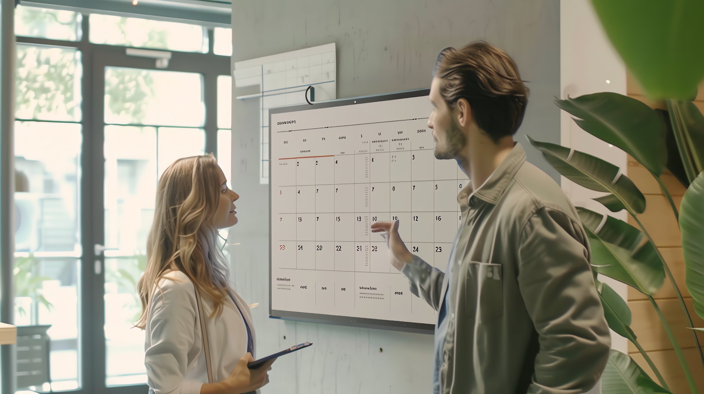 Two people discussing a wall calendar in an office, one holding a tablet and the other pointing at a date.