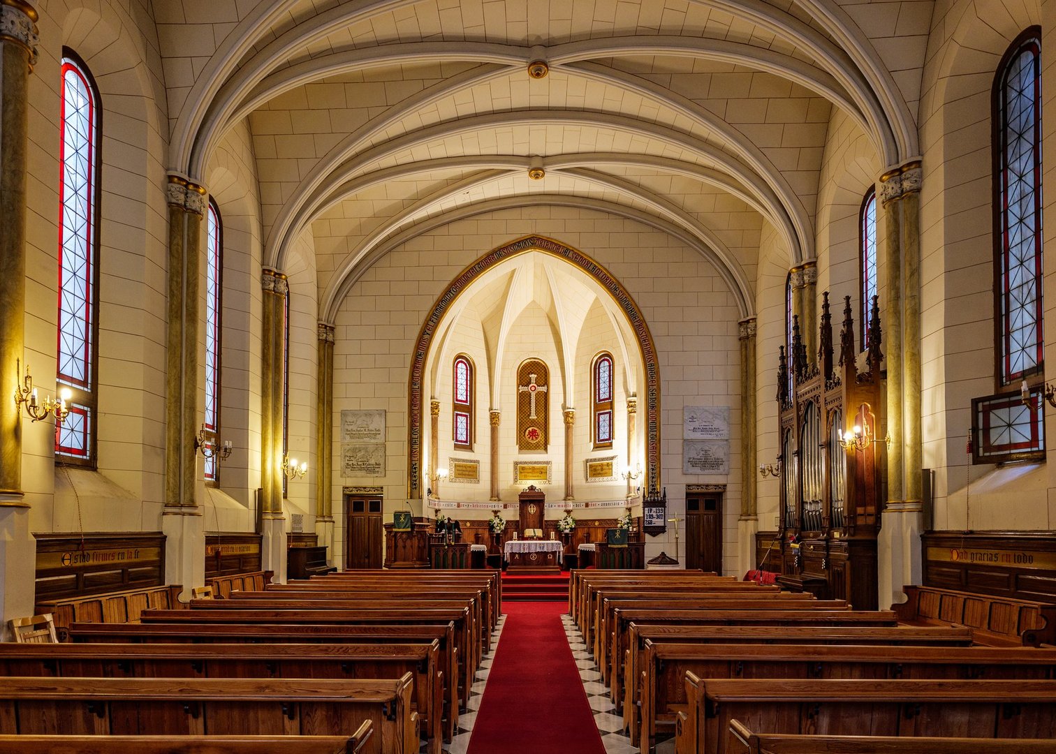 Madrid, Spain - October 10, 2024. Main nave of the Cathedral of the Redeemer, Catedral del Redentor, an Anglican church in Madrid, Spain.