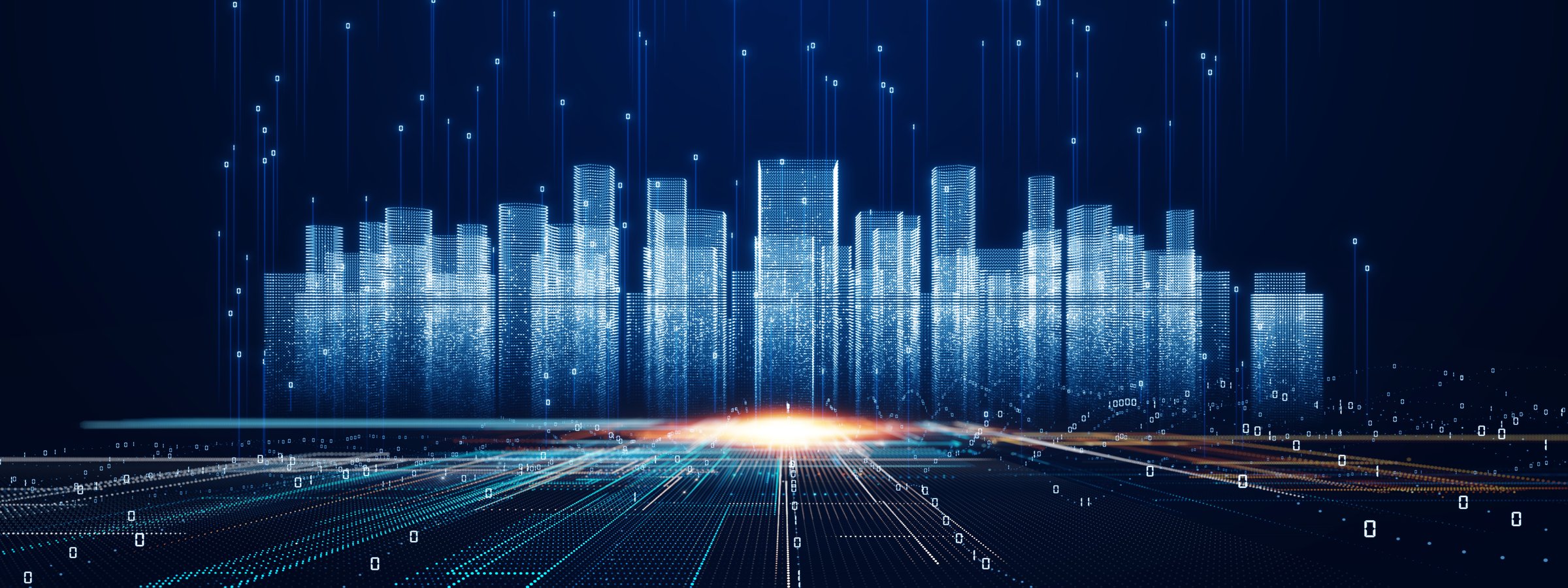 Futuristic smart city skyline with glowing digital buildings, cyber connections, and streaming data. Ideal for AI, IoT, big data, cloud computing, blockchain, and sustainable urban technology concepts.