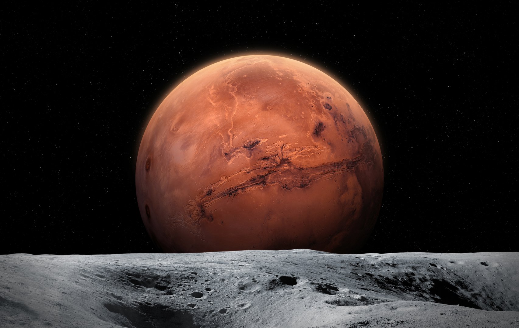 Moon and red planet Mars. Moon surface with craters. View of planet Mars from the surface of the moon. Exploration and colonization concept. This image elements furnished by NASA.