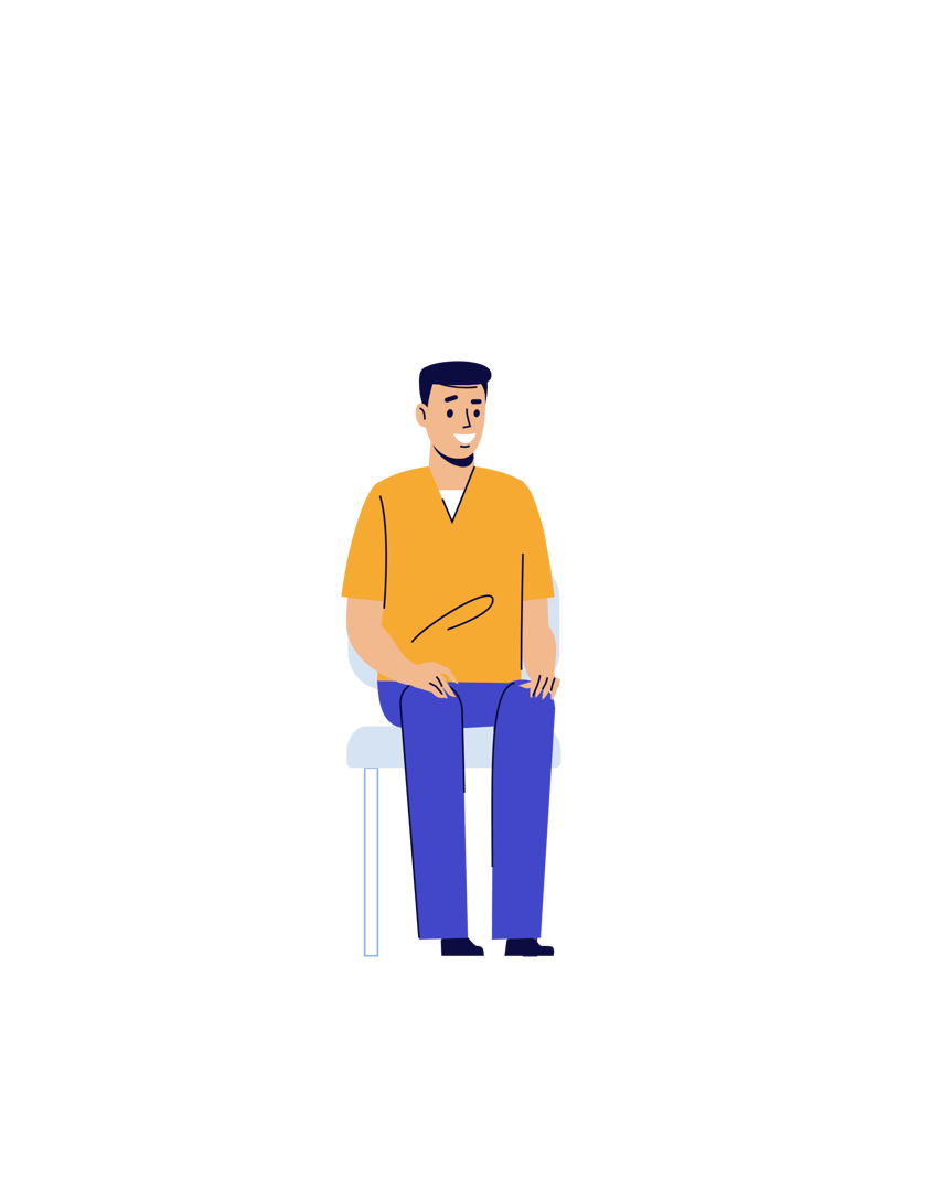 Illustration of a person with short hair, wearing an orange shirt and blue pants, sitting on a chair.