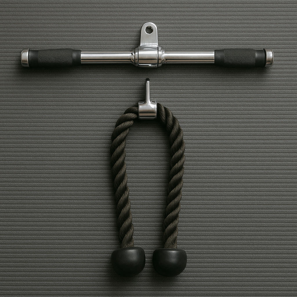 Gym cable attachment with a T-bar and tricep rope, featuring metal and black textured grips, hanging on a grooved surface.