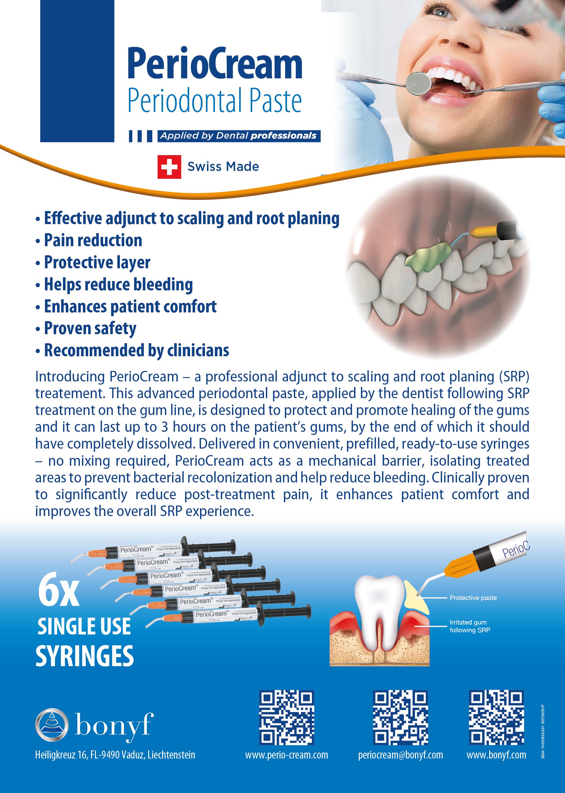 Dental product poster for PerioCream periodontal paste, highlighting benefits and features, with Swiss Made logo.