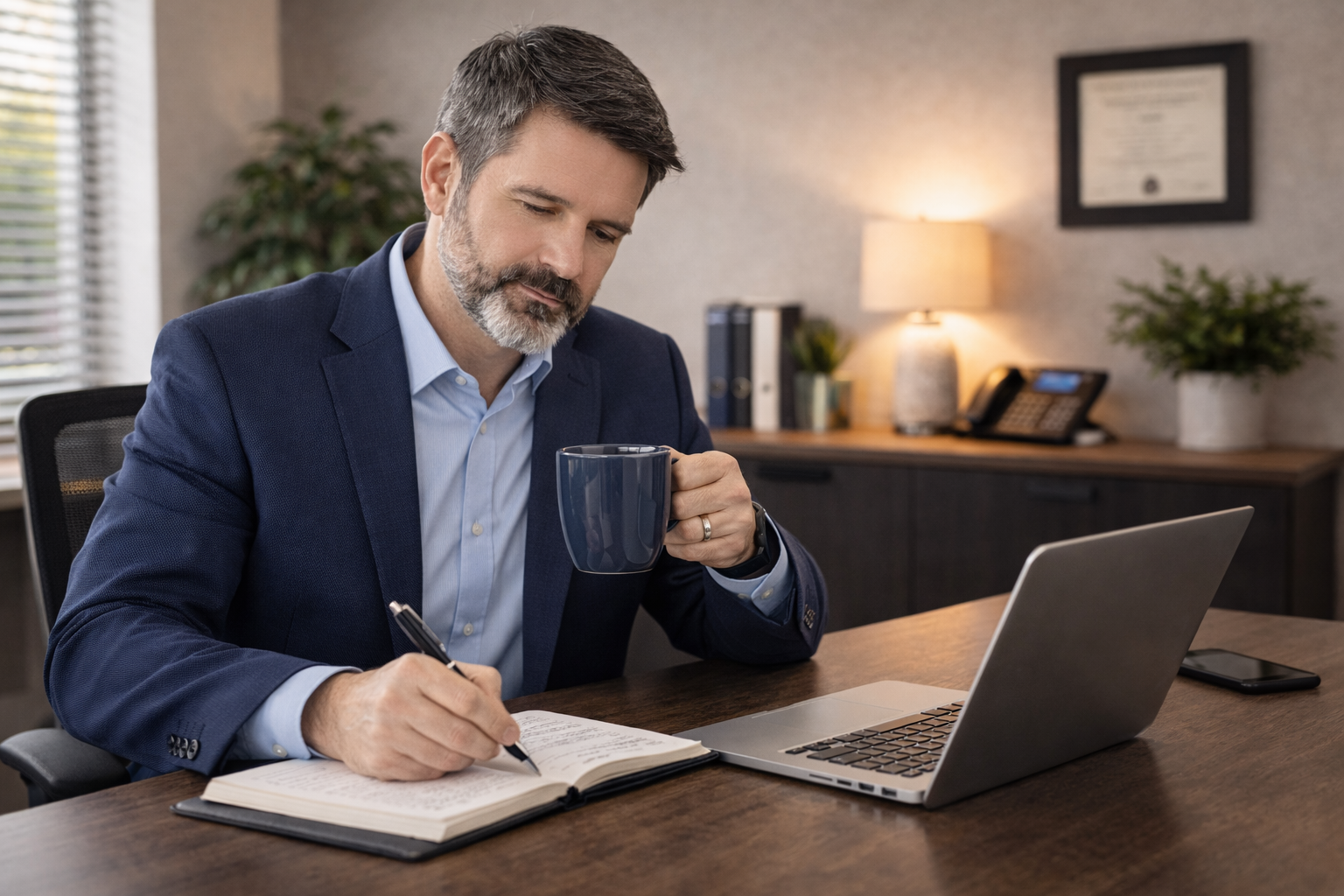 Suit Ron writing blog on paper with laptop and holding coffee