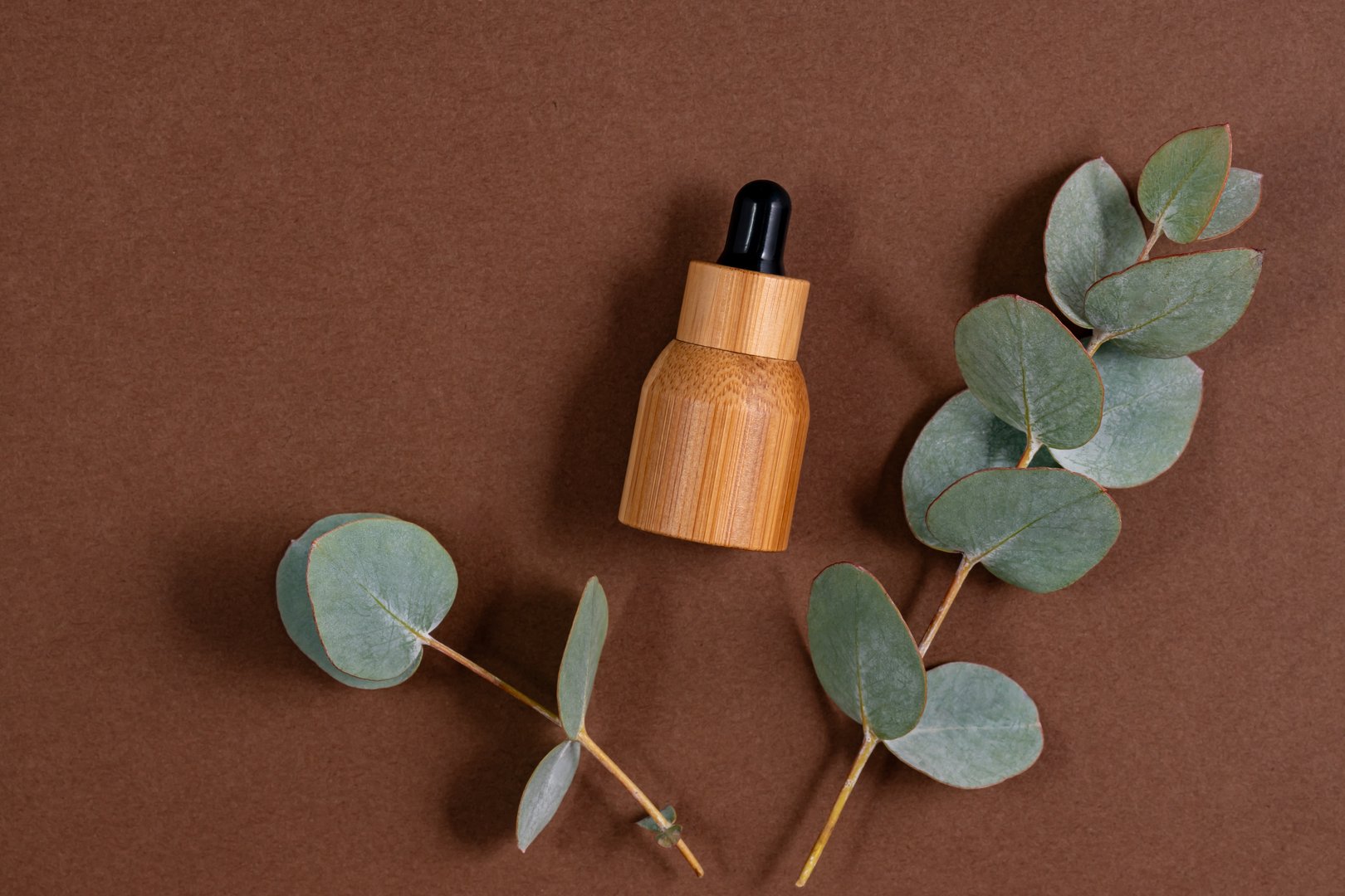Blank bamboo essential oil bottle with pipette on brown background decorated eucalyptus leaves. Skin care concept with natural cosmetics