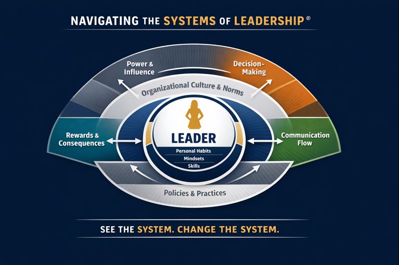 Conceptual map showing how individual leadership habits exist within organizational culture, which is shaped by systems including power, decision-making, communication, rewards, and policies