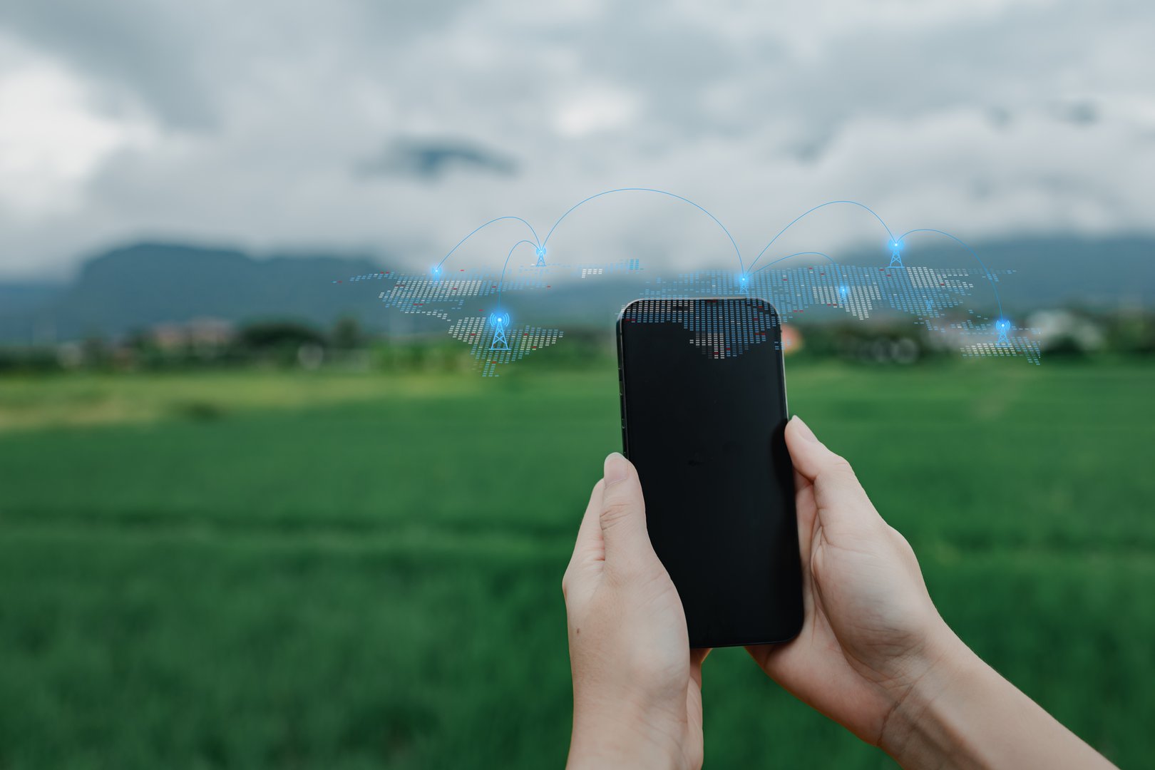 Wireless transmission and internet connection through 5G network towers, Internet use remote areas, providing telephone network services, wireless signal transmission through telephone network towers.