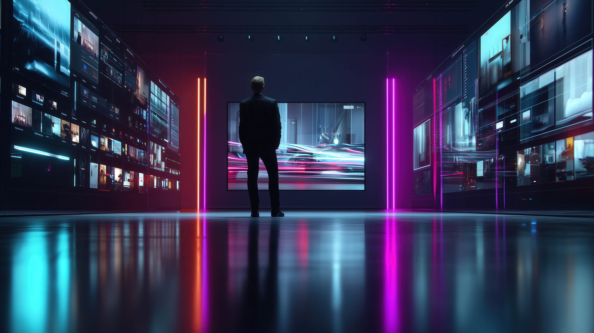 A cinematic wide shot of a digital marketing creator in a sleek modern studio surrounded by holographic video frames and AI interface panels