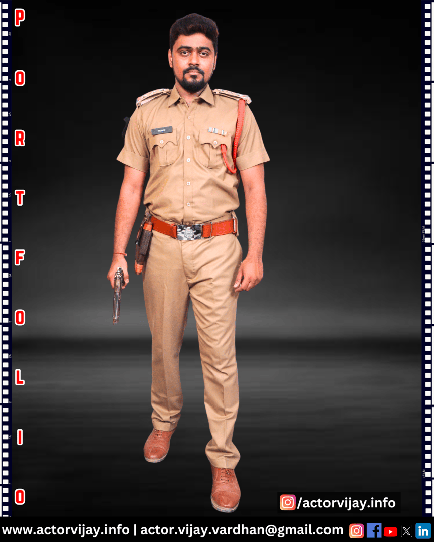Man in a police uniform holding a gun, standing against a dark background with portfolio-themed text and social media icons.