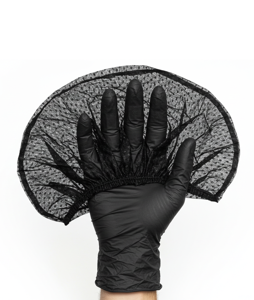 Hand in black glove holds a black hairnet