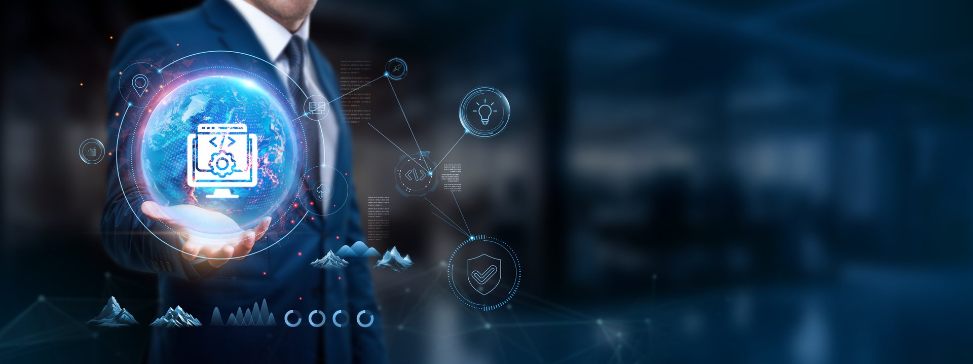 Software Development: Businessman holds global network structure to integrate systems, enhance user experience, optimize performance, and ensure scalability.