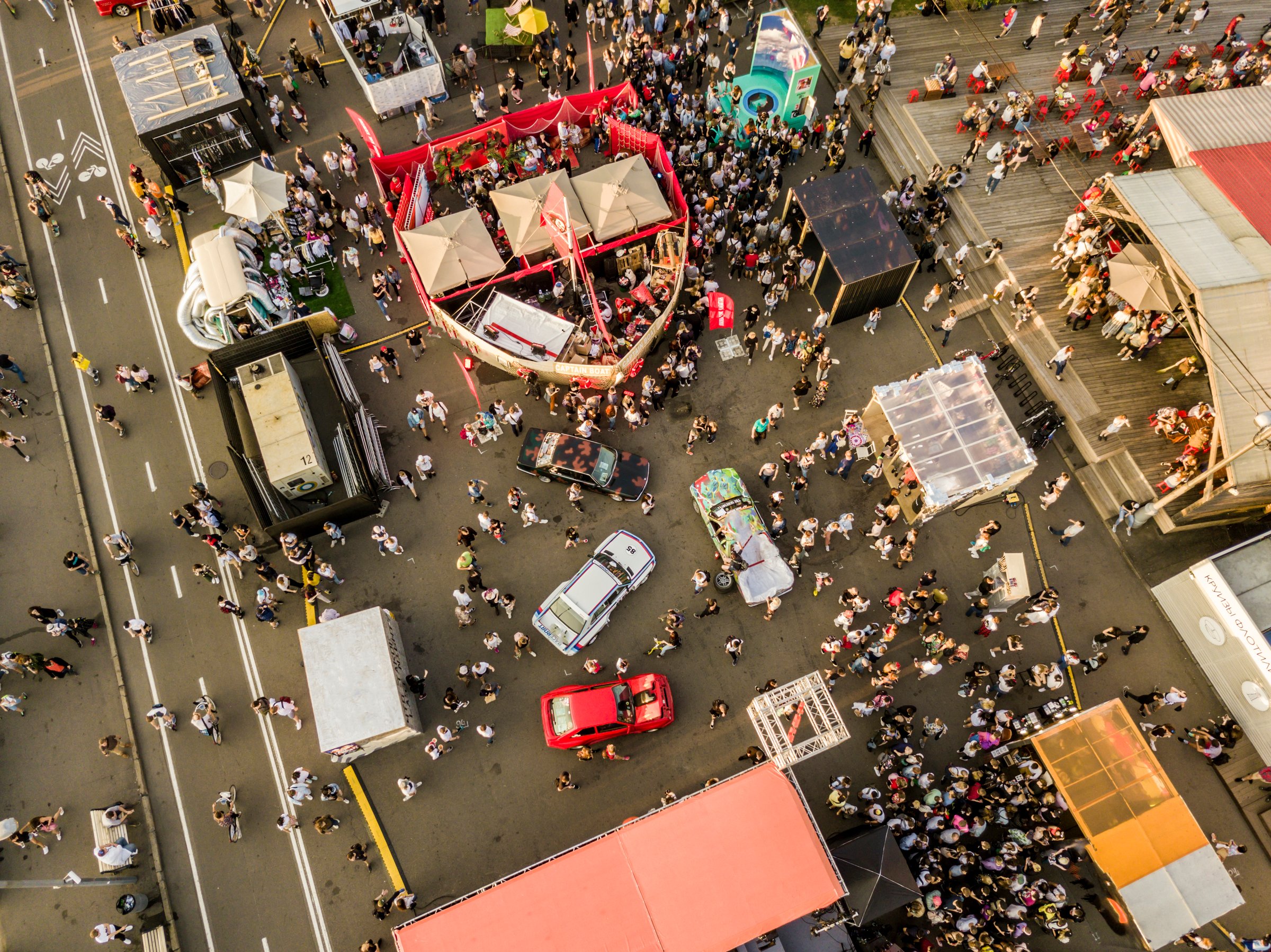 aerial top view of massive people crowd in the city