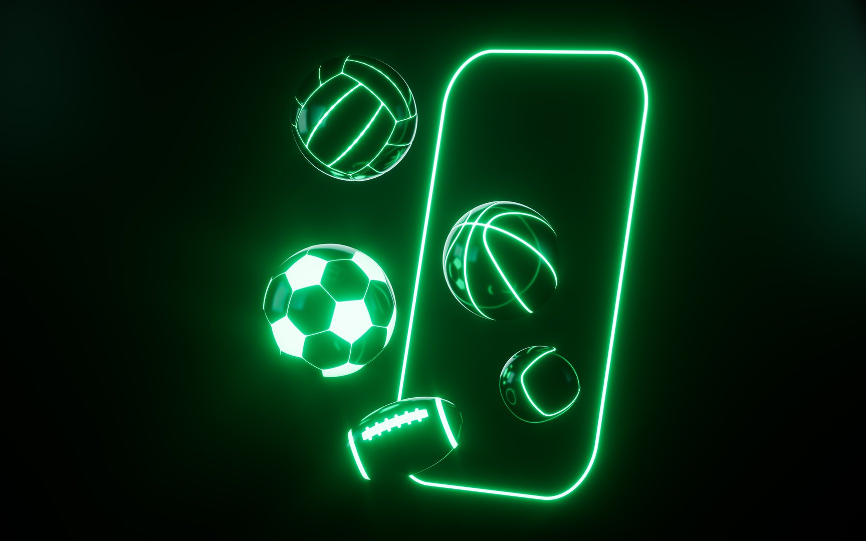 Basketball, football , rugby and tennis with green neon light , 3d rendering. 3d illustration.