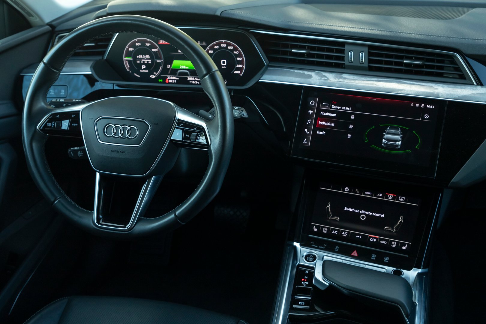 Istanbul, Turkey - October 28 2024 : Audi Q8 e-tron is a battery electric SUV produced by Audi. It has luxury interior design.