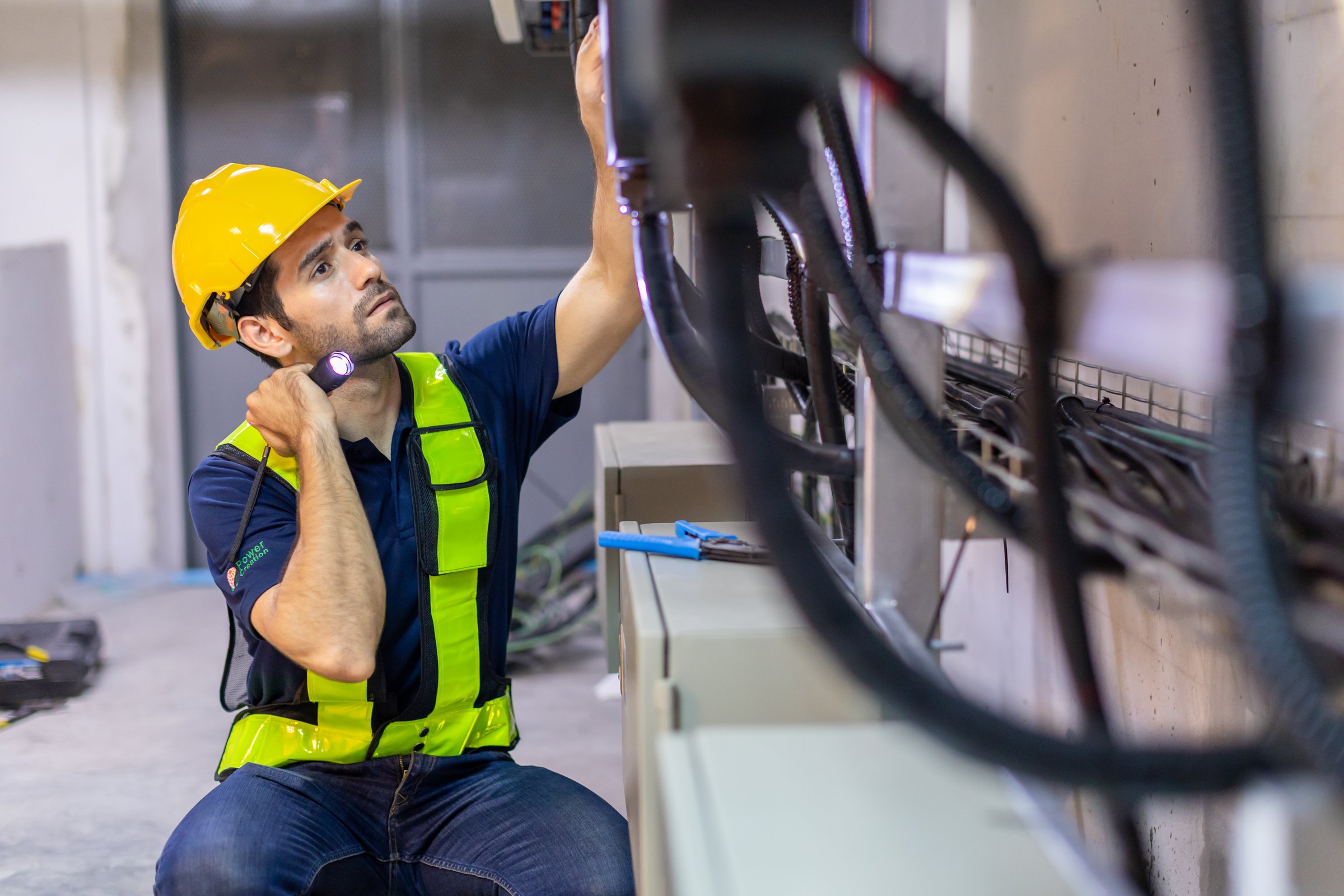 Electrical engineer working in control room. Electrical engineer man checking Power Distribution Cabinet in the control room