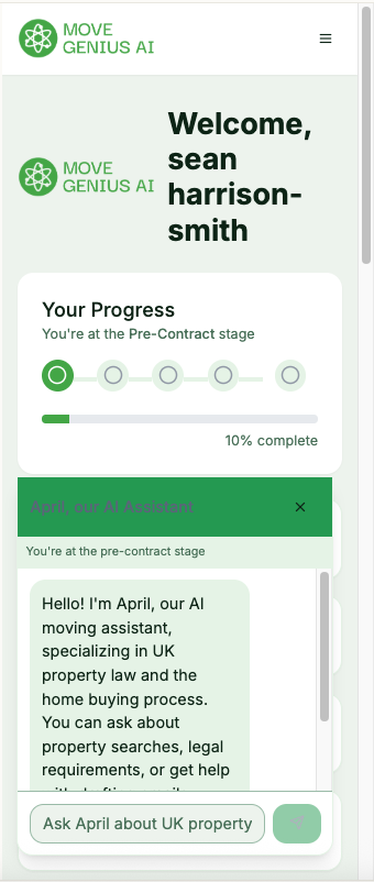 A screenshot of Move Genius AI app showing user progress at 10% in the Pre-Contract stage, featuring chat with AI assistant April.