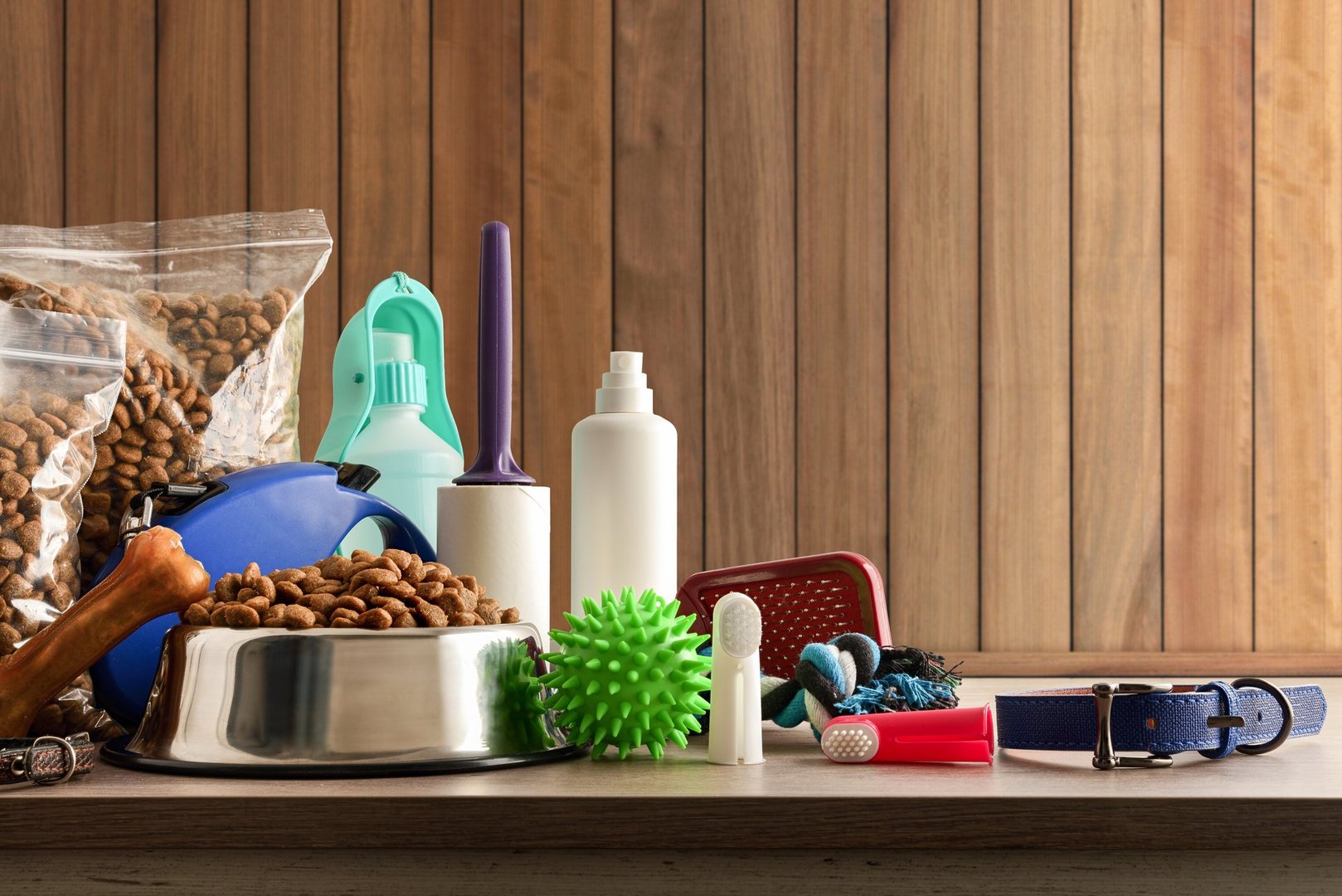 Food and accessories for walk, play and body care for the dog on wooden table. Front view. Horizontal composition.