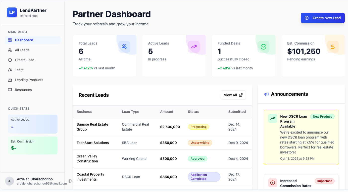 Partner referral dashboard technology platform