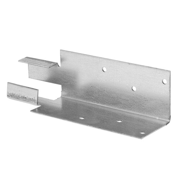 Metal bracket with several holes and cutouts, used for mounting or support, shown from an angled perspective.