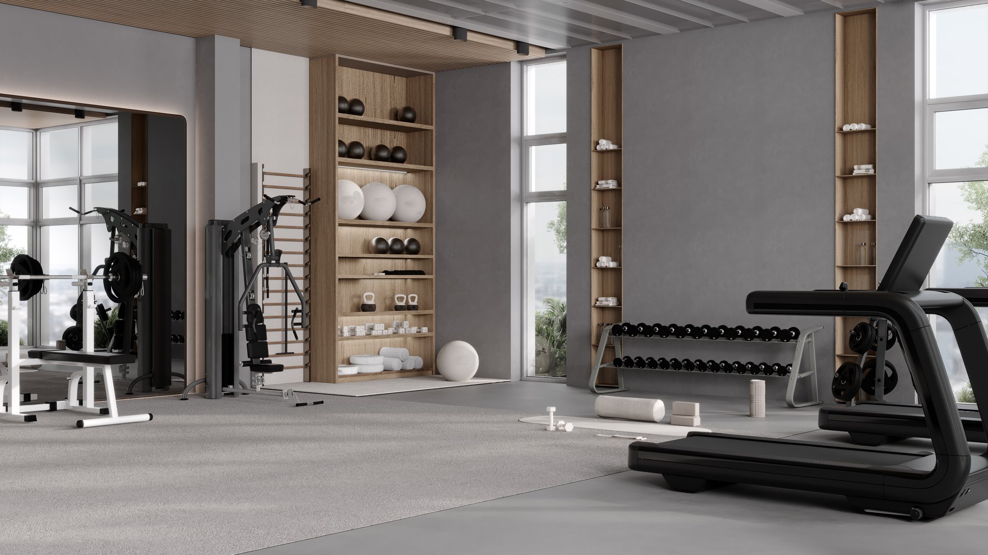 Modern gym interior with sport and fitness equipment, fitness center interior, workout gym background, 3d rendering