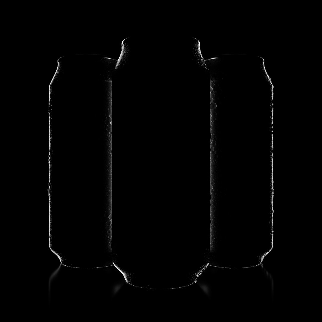 An abstract view of three backlit regular aluminum beverage cans with condensation droplets silhouetted on an isolated black backgound - 3D render