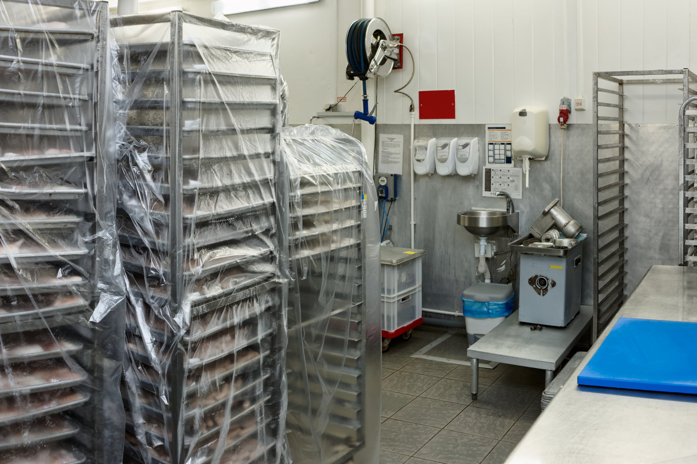 Food processing plant storage room with rack trolleys and hand washing area