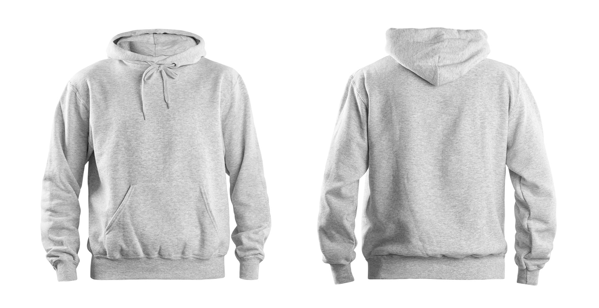 A versatile studio photograph displaying the front and rear views of a simple, unbranded heather grey hooded sweatshirt (hoodie). The garment is isolated on white, making it perfect for apparel mockup, customization, e-commerce product display, or casual fashion designs.