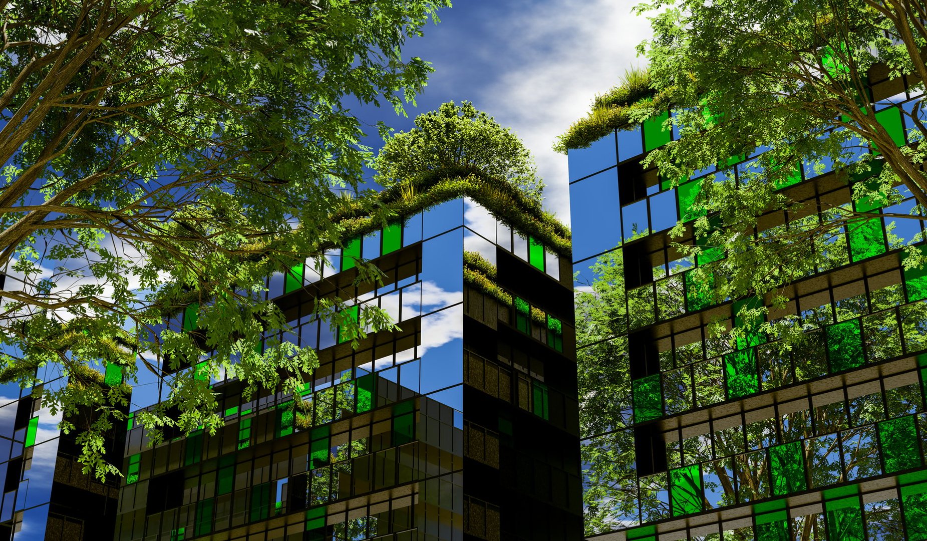 Modern Eco-Friendly Green Glass Buildings with Rooftop Gardens and Trees Reflecting Nature - 3D Illustration